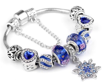 18 Cm Bracelet Européen Avec 9 Charms Bleu Royal Rose , Flocon de Neige Avec des Strass en Alliage Plaqué Argent Perles Sterling