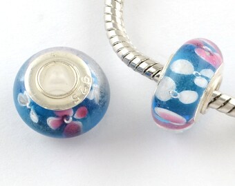 1 Perle Européenne Bleu Fleurs Blanc Rose Verre Lampwork 14 x 9 mm ,Noyau Sterling 925 Trou 5 mm Charms Pour Bracelets de Style Pandora