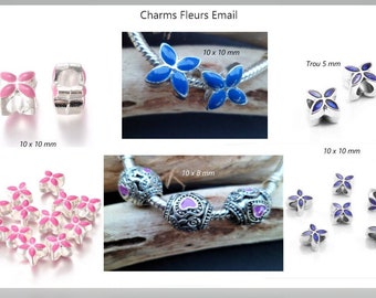 x 1 Perle 10 X 10 mm Fleurs Charms Email , Trou 5 mm , Pour Bracelets Européens Serpent de Style Pandora ,Trou 5 mm