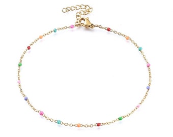 Bracelet de cheville en acier inoxydable avec perles émaillés 23 Cm ,Couleur multicolore et or , Épaisseur 1,5 mm,