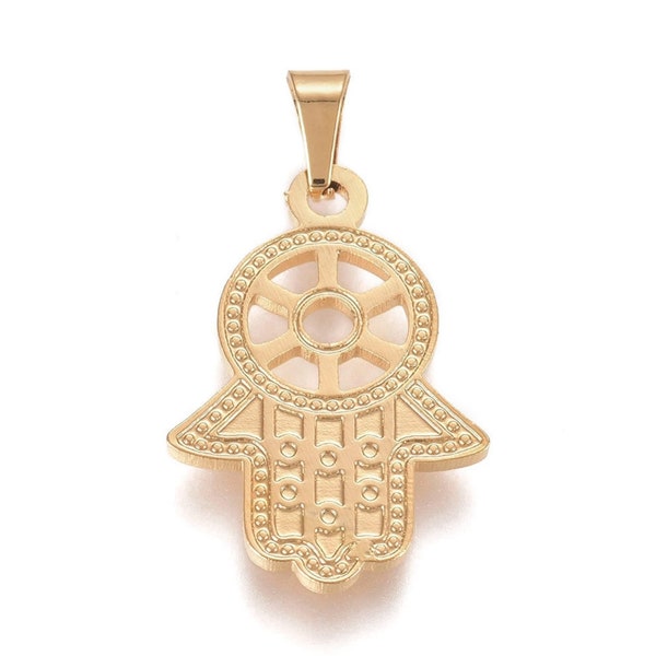 Lot Pendentif main de fatma + chaine en acier inoxydable 304 ,Placage or , 23 x 16 x 1,5 mm Trou 4,5 mm ,Chaine Collier 45 cm