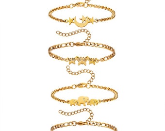 x1 Bracelets 4 Styles au choix = Coeur ,Papillon, Éléphant , Etoile lune ,en acier inoxydable 316 , Taille 17 cm Fermoir mousqueton