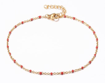 Bracelet de cheville en acier inoxydable avec perles émaillés 23 Cm ,Couleur rouge et or , Épaisseur 1,5 mm,