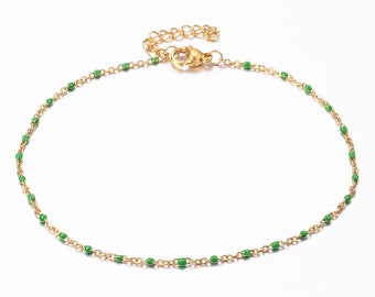 Bracelet de cheville en acier inoxydable avec perles émaillés 23 Cm ,Couleur vert et or , Épaisseur 1,5 mm,