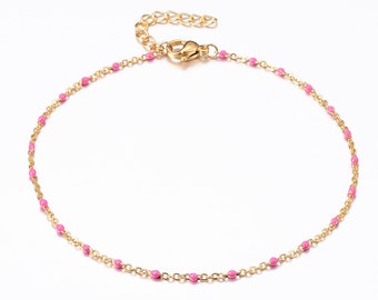 Bracelet de cheville en acier inoxydable avec perles émaillés 23 Cm , Épaisseur 1,5 mm,couleurs rose et or