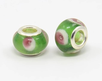 2 Perles Verre Lampwork Vert Blanc Rose 12 mm