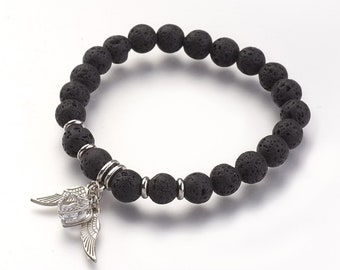 Natural lava bead bracelet, alloy wing heart charms