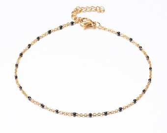 Bracelet de cheville en acier inoxydable avec perles émaillés 23 Cm ,Couleur noir et or , Épaisseur 1,5 mm,