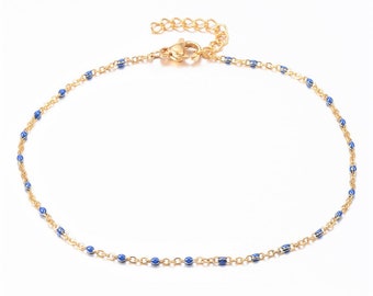 Bracelet de cheville en acier inoxydable avec perles émaillés 23 Cm ,Couleur bleu royal et or , Épaisseur 1,5 mm,