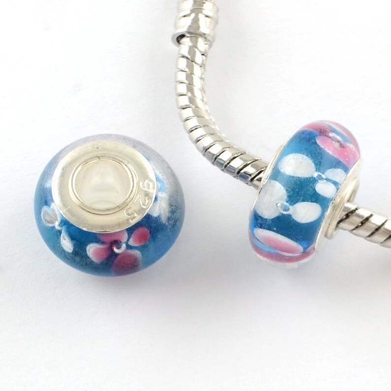 1 Europese parelblauwe bloemen wit roze glas lampwerk 14 x 9 mm, sterling kern 925 gat 5 mm bedels voor Pandora stijl armbanden afbeelding 1