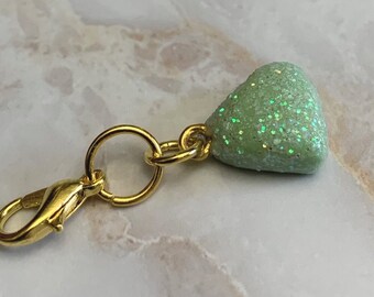 Pastel Green Glitter Heart charm, jewellery, knitting stitch marker or progress keeper by Charming Minis