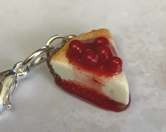 Cherry Cheesecake miniature polymer clay charm, jewellery, knitting stitch marker or progress keeper by Charming Minis