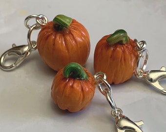 Set of 3 Pumpkins miniature polymer clay charms, jewellery, knitting stitch markers or progress keepers by Charming Minis