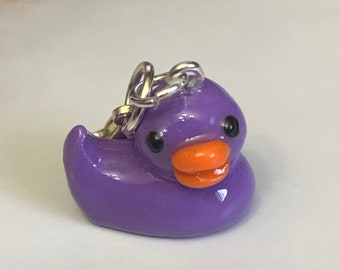 Rubber Duck - Purple and Orange - miniature polymer clay charm, jewellery, knitting stitch marker or progress keeper by Charming Minis