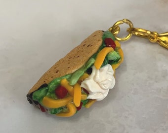 Taco miniature polymer clay charm, jewellery, knitting stitch marker or progress keeper by Charming Minis