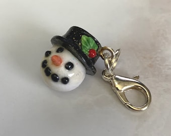 Snowman miniature polymer clay charm, jewellery, knitting stitch marker or progress keeper by Charming Minis