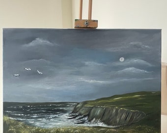 Tranquilla vista sul mare notturna olio su tela 18x24