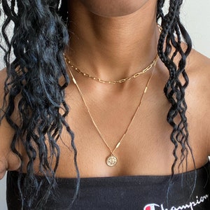 Layered necklace set, gold coin medallion necklace, paperclip necklace, gold filled chain choker