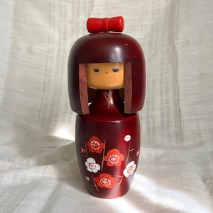 Vintage Solid Wood Kokeshi Doll by Keiji Miyama, Made in Japan, Japanese Hand Carved Painted Wooden Doll in Floral Kimono