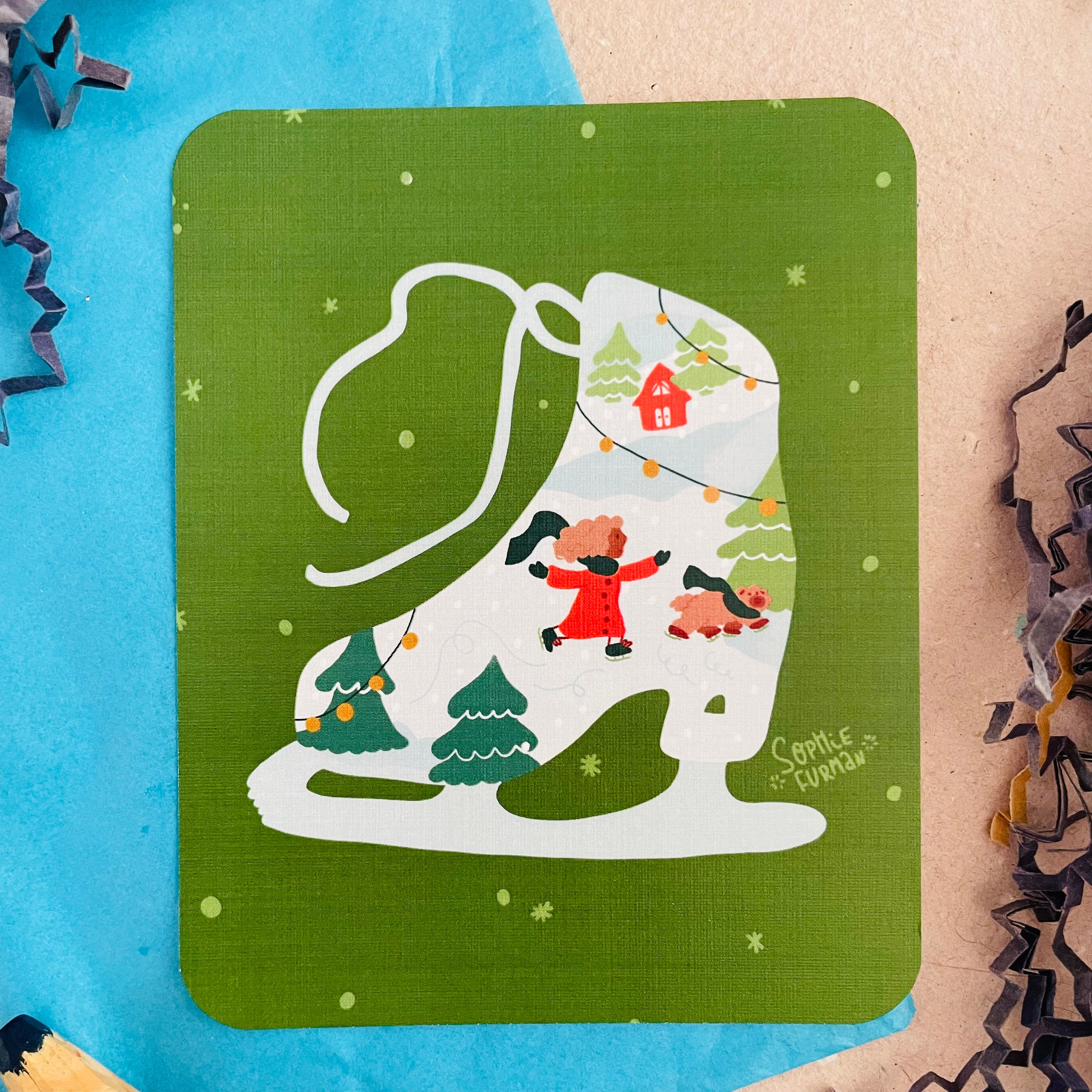 Christmas Ice Skating 4x5 Postcard Art Print December Etsy