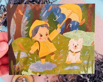Rainy Day Pup 4x5 Postcard Art Print, Autumn Postcard, Snail Mail, Stationary, Dog Illustration, Small Gift