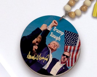 Trump Tough Wood Keychain, Fight Fist Bump, Flag Key Chain