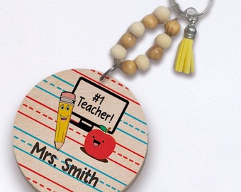 Personalized Teacher Keychain, Custom Name Gift, Wood Charm