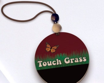 Touch Grass Car Charm, Funny Gaming Meme Rear View Mirror Hanging