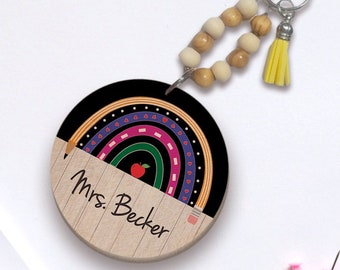 Personalized Teacher Keychain, Rainbow Apple, Wood Bead Tassel