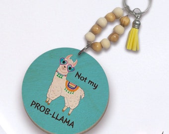 Not My Prob Llama Keychain, Wood Charm with Tassel