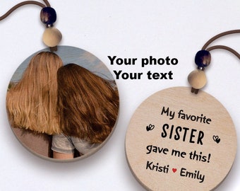 Personalized Sister Car Charm, Custom Photo Gift, Wood Circle