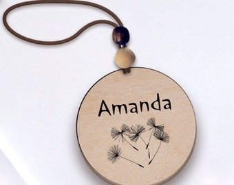 Personalized Wood Car Charm, Custom Name Tag, Dandelion Design