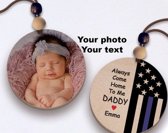 Personalized Police Officer Car Charm – Thin Blue Line, Photo Gift