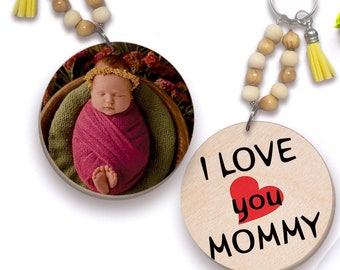 Custom Photo Mom Keychain: Wood Circle, Bead & Tassel Car Charm