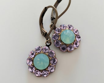 Swaroski Crystal Earrings - Seafoam & Lilac Crystals on Antique Brass