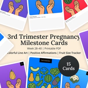 Cartes des jalons de la grossesse du 3e trimestre - Semaines 28-40, PDF téléchargeable de 15 pages, style dessin au trait coloré, suiveur de ventre de bébé imprimable