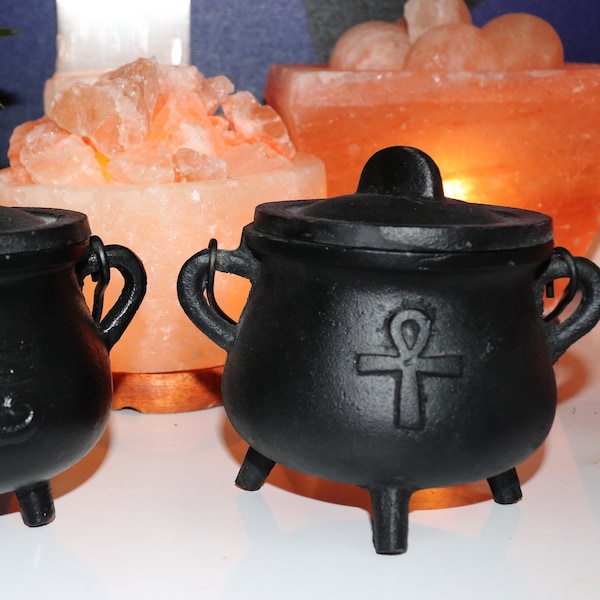 Cast Iron Cauldron, Triple Moon, Pentacle or Plain Cast Iron Pot Belly Cauldrons, Eye of Horus, Ankh, Egyptian Cauldron