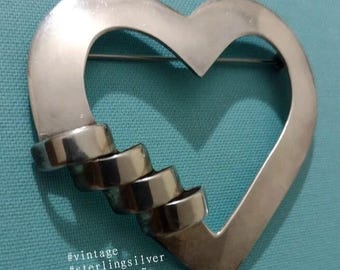 Sterling Silver Open Heart Large Brooch Pin Vintage Statement Piece Signed SU Sterling Mexico