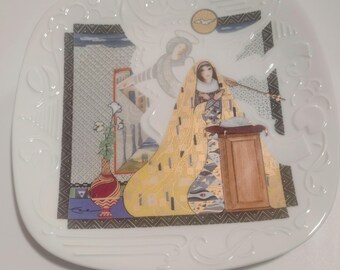 The Annunciation Christmas Art Plate Gold Gilt by Eve Licea Blessed Virgin Mary Angel Dove Religious 1988 Limited Edition