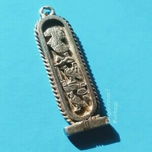 Vintage Egyptian Cartouche Silver Rectangle Pendant Double Sided Marked