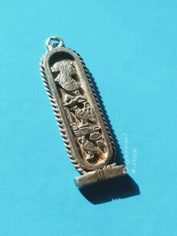 Vintage Egyptian Cartouche Silver Rectangle Penda… - image 1
