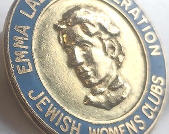 Emma Lazarus Pin Brooch Pendant Jewish Womens Clubs Blue Golden Enamel Relief Vintage