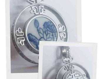 Longevity Ancient Chinese Shou Medallion Pendant Blue White Porcelain Floral Vintage Sterling Silver 925 Marked