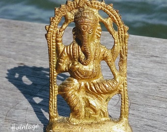 Ganesha Elephant New Beginnings Hindu Deity Golden Sculpture Good Fortune Vintage Remover of Obstacles