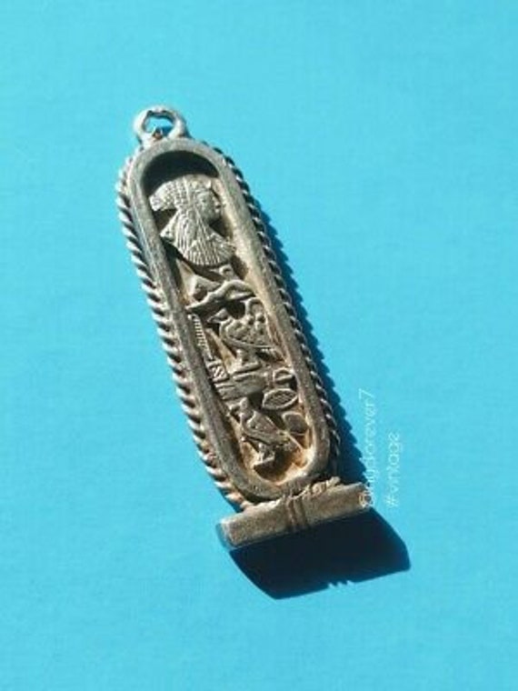 Vintage Egyptian Cartouche Silver Rectangle Penda… - image 7