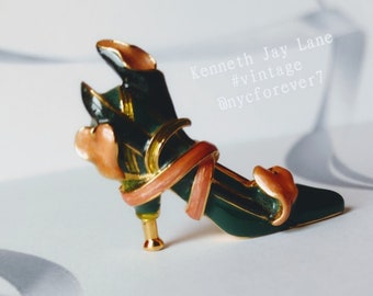 Kenneth J Lane Stiletto High Heel Brooch Enamel Lily Flower Shoe Pink Green Gold Vintage Signed