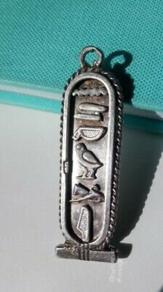 Vintage Egyptian Cartouche Silver Rectangle Penda… - image 9