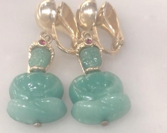 Buddha Earrings Faux Jade Green Gold Tone Oriental Asian Clip On