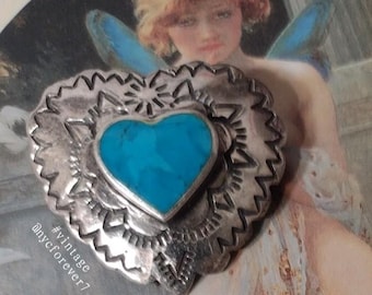 Romantic Blue Heart Brooch Sterling Silver Handcrafted Southwestern Signed