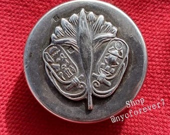 Egyptian Snuff Pill Box Hieroglyphic Papyrus Flower Scarab Silver Tone Circular